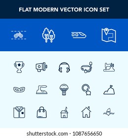 Modern, simple vector icon set with travel, sea, wheel, winner, sky, mask, summer, snorkel, sew, water, map, road, sound, pin, iron, machine, loud, speaker, celebration, masquerade, loudspeaker icons