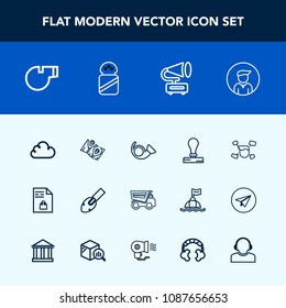 Modern, simple vector icon set with shovel, road, jazz, referee, notebook, ingredient, whistle, construction, truck, stationery, food, salt, trumpet, vintage, white, sport, bugle, envelope, dump icons
