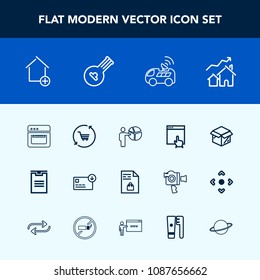 Modern, simple vector icon set with market, finance, sack, music, shopping, navigation, supermarket, shipping, increase, house, apartment, box, list, trolley, cardboard, home, oven, equipment icons