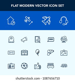 Modern, simple vector icon set with ticket, property, holiday, plane, page, tripod, voice, camera, air, education, aircraft, alien, video, book, retro, character, real, sign, microphone, headset icons