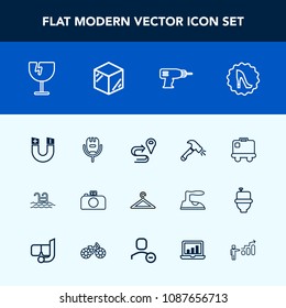 Modern, simple vector icon set with window, microphone, swimming, elegance, hanger, blue, map, equipment, magnetic, construction, fashion, road, music, water, pole, location, circle, frame, pool icons