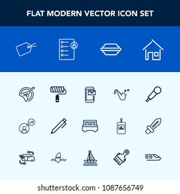 Modern, simple vector icon set with sound, mail, bugle, business, roll, lettuce, musical, brush, tag, food, write, home, hand, instrument, hamburger, phone, work, education, estate, sign, double icons