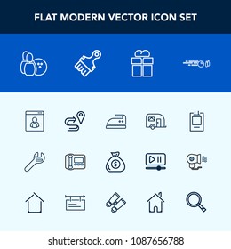 Modern, simple vector icon set with transport, spanner, map, van, label, traffic, office, route, wrench, phone, clothes, vehicle, present, financial, hit, sport, domestic, transportation, male icons