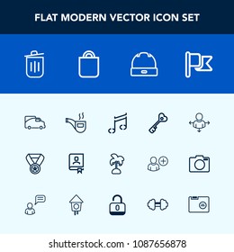 Modern, simple vector icon set with pipe, can, garbage, office, success, america, recycling, cap, bin, win, vehicle, direction, tobacco, flag, award, hat, key, leaf, door, transportation, summer icons