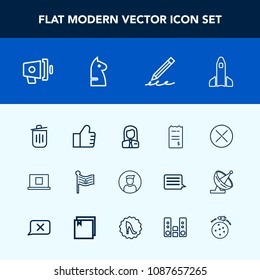 Modern, simple vector icon set with male, sign, trash, close, write, paper, job, employee, can, garbage, web, find, speaker, education, loud, horse, money, people, financial, rocket, business icons