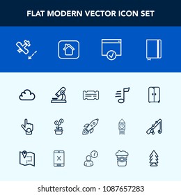 Modern, simple vector icon set with money, research, aircraft, business, gesture, biology, interior, sign, tune, estate, rocket, sound, launch, musical, house, finger, page, space, notebook icons