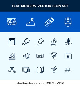 Modern, simple vector icon set with home, web, entertainment, research, device, snack, click, meal, sound, mountain, biology, tipper, science, blue, vehicle, ticket, laboratory, microscope, tree icons