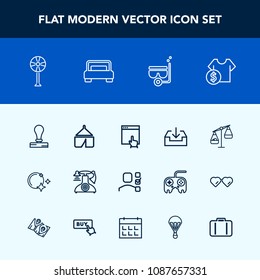 Modern, simple vector icon set with fan, envelope, website, nature, call, internet, camp, mask, plan, business, cost, star, mouse, stamp, balance, tent, task, moon, night, click, telephone, shop icons