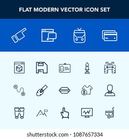 Modern, simple vector icon set with id, food, money, plastic, debit, finger, hamburger, shovel, atv, online, shipping, name, space, travel, point, document, identification, people, craft, card icons