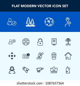 Modern, simple vector icon set with paddle, profile, map, road, security, account, arrow, finance, technology, business, money, online, canoe, environment, protection, gambling, sack, game, sun icons