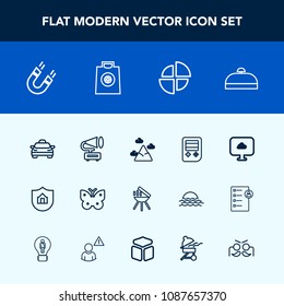 Modern, simple vector icon set with barbecue, transport, transportation, suitcase, bag, record, grill, web, field, cooking, luggage, sky, house, chart, car, science, meat, gramophone, pole, trip icons