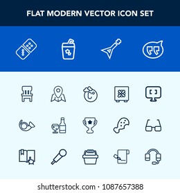 Modern, simple vector icon set with comfortable, home, scale, travel, game, winner, room, safe, fahrenheit, bank, laptop, glass, pin, wine, achievement, row, award, computer, lock, first, red icons