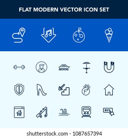 Modern, simple vector icon set with sea, ocean, upstairs, table, road, white, light, shoe, magnetic, yacht, exercise, flag, food, workout, sweet, navigation, science, fashion, dessert, moon, pub icons