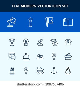 Modern, simple vector icon set with award, championship, perfume, medal, competition, nation, speech, bottle, flag, pin, location, first, message, cup, hat, open, pump, home, print, table, map icons