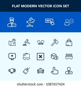 Modern, simple vector icon set with construction, employer, airport, lawyer, flipper, sale, delete, pin, retail, luggage, account, location, courthouse, sign, legal, fashion, profile, bag, table icons