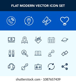 Modern, simple vector icon set with account, space, calendar, map, sound, music, people, cash, spy, glasses, girl, search, time, call, heart, ring, standing, sign, orbit, planet, pin, bank, boy icons