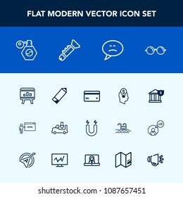 Modern, simple vector icon set with lorry, banking, perfume, concept, truck, debit, eyeglasses, eyesight, speaker, message, beauty, pump, go, optical, speech, transport, bottle, card, bank, pole icons