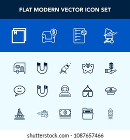 Modern, simple vector icon set with magnetic, night, wing, bubble, sky, seedling, nature, grill, speech, interior, pole, delivery, file, telescope, tree, cargo, butterfly, spacesuit, checklist icons