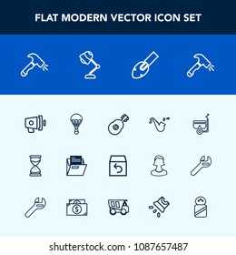 Modern, simple vector icon set with water, construction, equipment, hour, extreme, folder, loud, return, jump, sand, shovel, shipping, parachute, snorkel, electricity, megaphone, sky, office icons