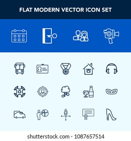 Modern, simple vector icon set with target, transportation, helicopter, id, timetable, aerial, estate, music, home, schedule, time, cloud, handle, customer, film, house, reward, success, award icons