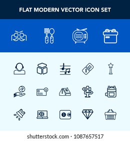 Modern, simple vector icon set with roof, antenna, domino, television, dollar, sack, construction, finance, festival, medal, home, note, spoon, row, gift, white, business, investment, party, box icons