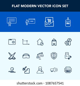 Modern, simple vector icon set with edible, food, measurement, nature, office, sign, tv, diploma, success, background, certificate, mushroom, retail, light, geometry, scene, remote, file, button icons