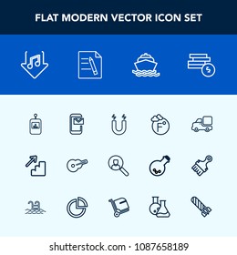 Modern, simple vector icon set with button, lorry, thermometer, business, cash, download, musical, downstairs, transportation, internet, computer, field, boat, vehicle, yacht, science, ocean, tv icons
