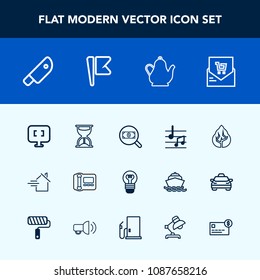 Modern, simple vector icon set with time, hour, business, bill, pc, receipt, computer, music, meat, find, sound, clock, electricity, web, tree, food, timer, knife, supermarket, forest, rent, cut icons