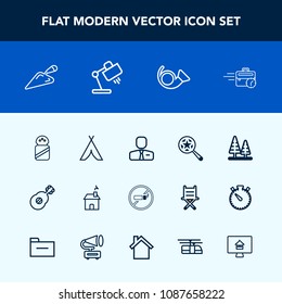 Modern, simple vector icon set with sitting, salt, food, bugle, shovel, travel, jazz, no, search, tree, outdoor, construction, employer, house, building, adventure, home, office, musical, music icons
