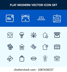 Modern, simple vector icon set with grenade, store, construction, customer, telephone, map, call, technology, hand, money, food, dollar, parachuting, display, fashion, white, war, communication icons