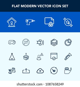 Modern, simple vector icon set with mobile, diploma, cell, unpacking, house, wooden, decorative, sign, telephone, cardboard, box, award, online, left, information, graph, adventure, tent, frame icons