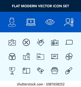 Modern, simple vector icon set with notebook, id, stop, laptop, blank, cube, square, download, no, profile, body, map, avatar, travel, screen, file, construction, computer, personal, pin, paper icons