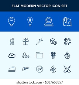 Modern, simple vector icon set with cosmonaut, wand, sign, personal, astronaut, location, present, blank, science, light, development, box, scene, cloud, helicopter, control, success, growth icons