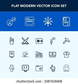 Modern, simple vector icon set with audio, wallet, stationery, record, sea, cash, backdrop, freelancer, display, presentation, white, finance, cooking, purse, construction, oven, music, people icons