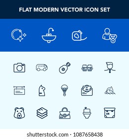 Modern, simple vector icon set with camera, chessboard, sport, star, parachute, boxing, lens, business, night, photo, blank, competition, extreme, fight, horse, winner, sign, sky, moon, friction icons