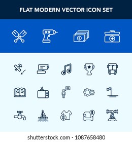 Modern, simple vector icon set with aid, sound, transport, bus, oar, winner, award, musical, music, person, achievement, paper, plane, record, finance, boat, book, note, speed, technology, view icons