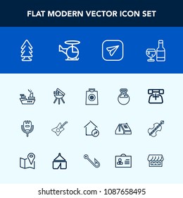 Modern, simple vector icon set with telephone, bbq, voice, phone, drink, guitar, tree, meat, red, communication, technology, real, wine, forest, call, laboratory, musical, marine, karaoke, gift icons