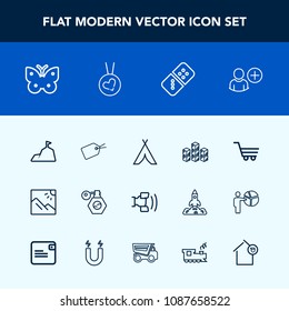 Modern, simple vector icon set with mountain, warehouse, home, perfume, photo, sky, beauty, storage, bottle, insect, industrial, wing, retail, game, pump, web, sign, love, play, butterfly, blue icons