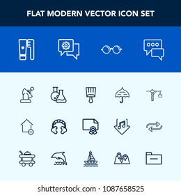 Modern, simple vector icon set with music, equipment, brush, construction, paint, white, apartment, home, optical, headset, sound, clean, hygiene, eyesight, space, speech, paintbrush, saw, earth icons