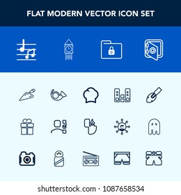 Modern, simple vector icon set with folder, food, player, note, present, construction, office, shovel, safe, package, sound, fire, equipment, gift, cook, plan, lock, ben, security, business, box icons