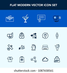 Modern, simple vector icon set with male, water, coin, computer, object, diploma, flight, style, electric, template, certificate, chessboard, sign, airplane, cocktail, plane, mask, work, fan icons