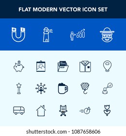 Modern, simple vector icon set with file, medal, mug, coffee, folder, sign, frame, shirt, drink, lighthouse, progress, display, finance, paper, money, field, map, photo, ocean, magnetic, picture icons