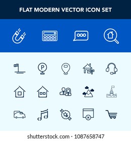 Modern, simple vector icon set with car, trolley, mexico, message, cart, retail, blue, estate, pole, building, beach, vehicle, property, search, business, home, staff, road, technology, button icons