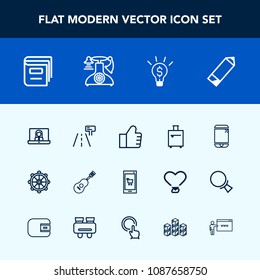Modern, simple vector icon set with cell, touchscreen, musical, concept, sound, street, nautical, communication, trip, internet, pen, suitcase, vintage, old, idea, technology, concert, telephone icons