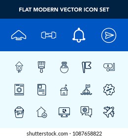 Modern, simple vector icon set with personal, business, equipment, laboratory, alarm, technology, medicine, laundry, machine, bird, tool, web, sky, internet, message, sea, brush, national, card icons
