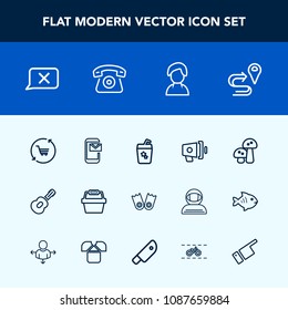 Modern, simple vector icon set with loudspeaker, navigation, road, home, underwater, music, mushroom, phone, musical, sport, mail, store, closed, megaphone, loud, flipper, map, telephone, retail icons