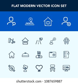 Modern, simple vector icon set with cancel, button, chair, summer, culture, online, delete, palm, house, bag, account, egypt, hair, suitcase, luggage, room, profile, trip, hairdresser, building icons