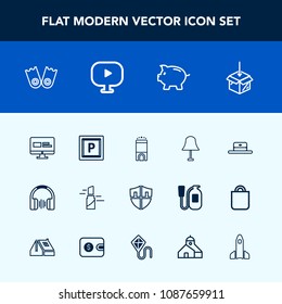 Modern, simple vector icon set with shield, luxury, media, car, red, business, underwater, beauty, sea, flipper, fashion, electricity, light, lipstick, summer, music, finance, vehicle, travel icons