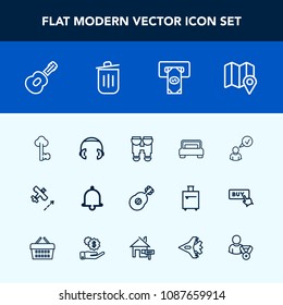 Modern, simple vector icon set with alarm, business, white, machine, view, airplane, location, vision, metal, profile, trash, headphone, music, optical, cash, flight, lock, pin, bedroom, can icons