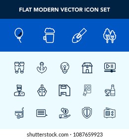 Modern, simple vector icon set with interface, building, player, diskette, shovel, vessel, architecture, celebration, ship, house, estate, landscape, button, web, boat, energy, optical, forest icons